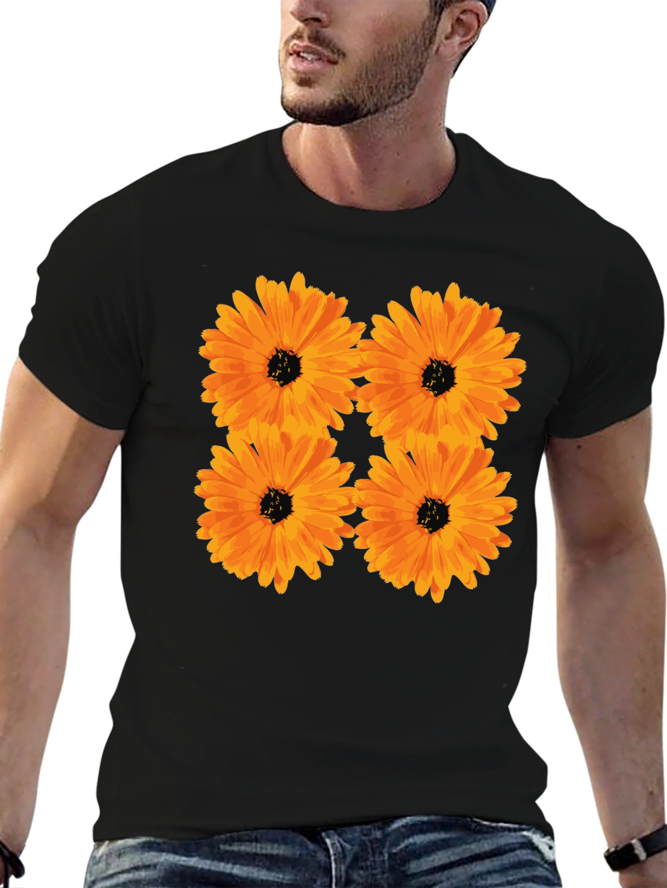 Floral Print Black T-Shirt with Orange Flowers