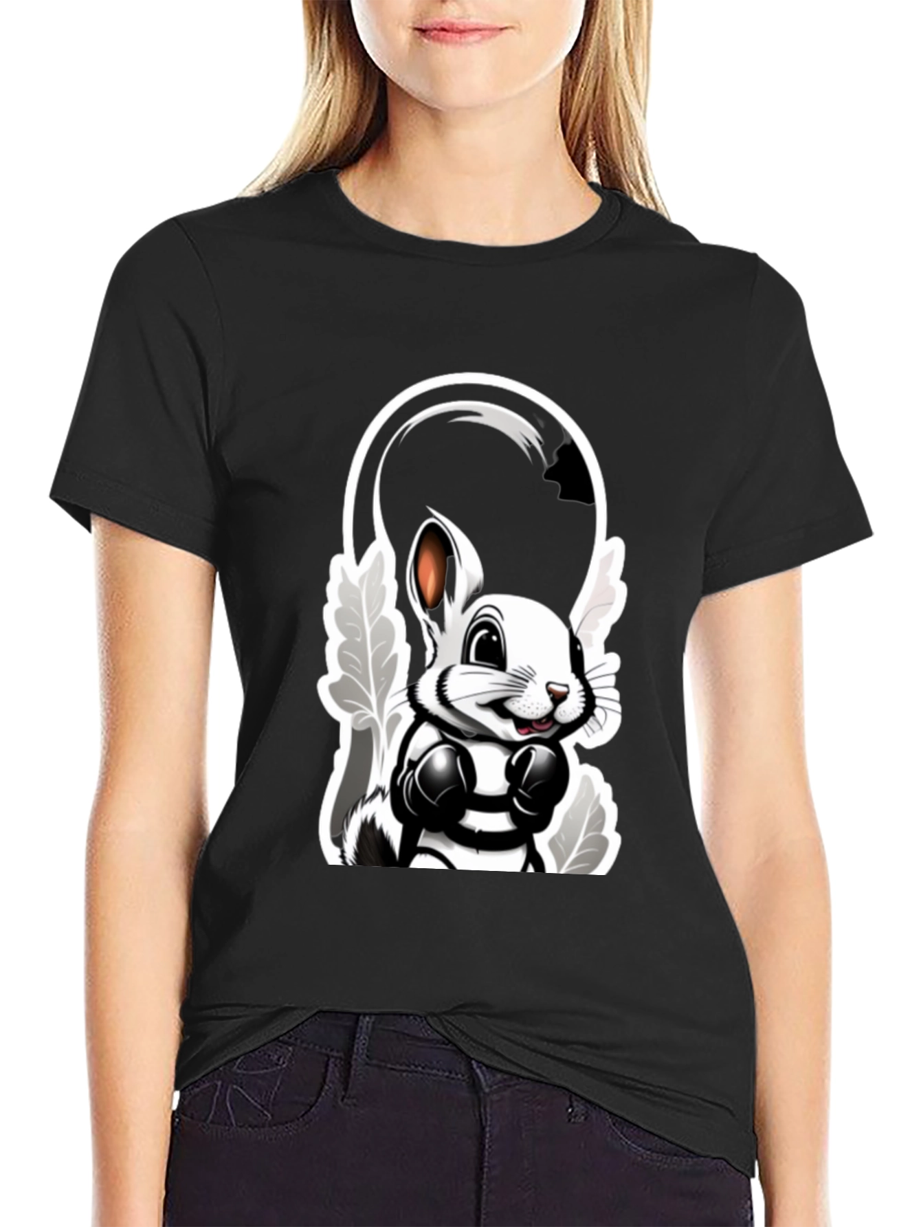 Cool Cartoon Bunny Boxer Black T-Shirt