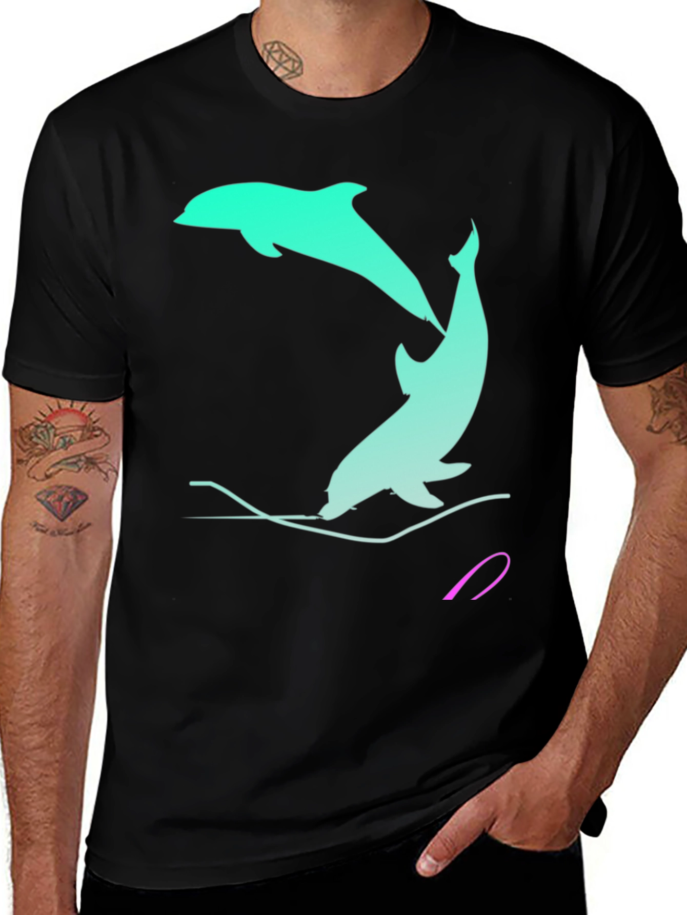 Dolphin Graphic Tee - Black Cotton Casual Shirt