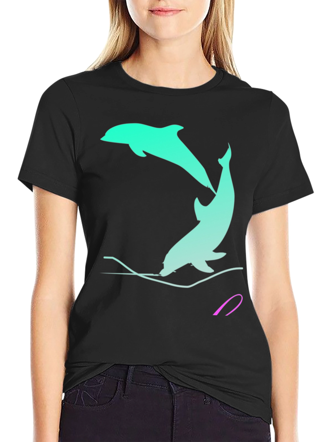 Dolphin Graphic Tee - Black Cotton Casual Shirt