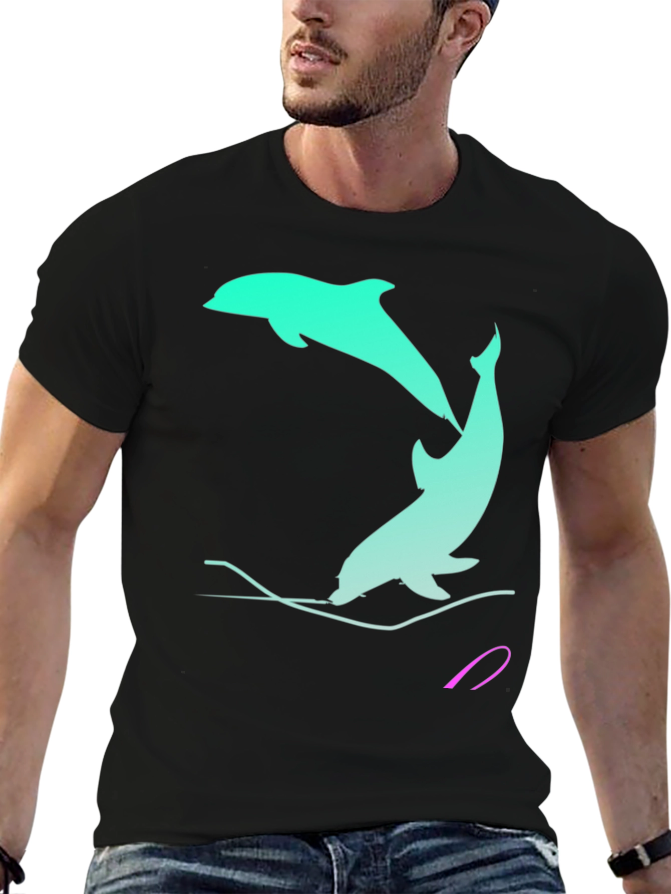 Dolphin Graphic Tee - Black Cotton Casual Shirt