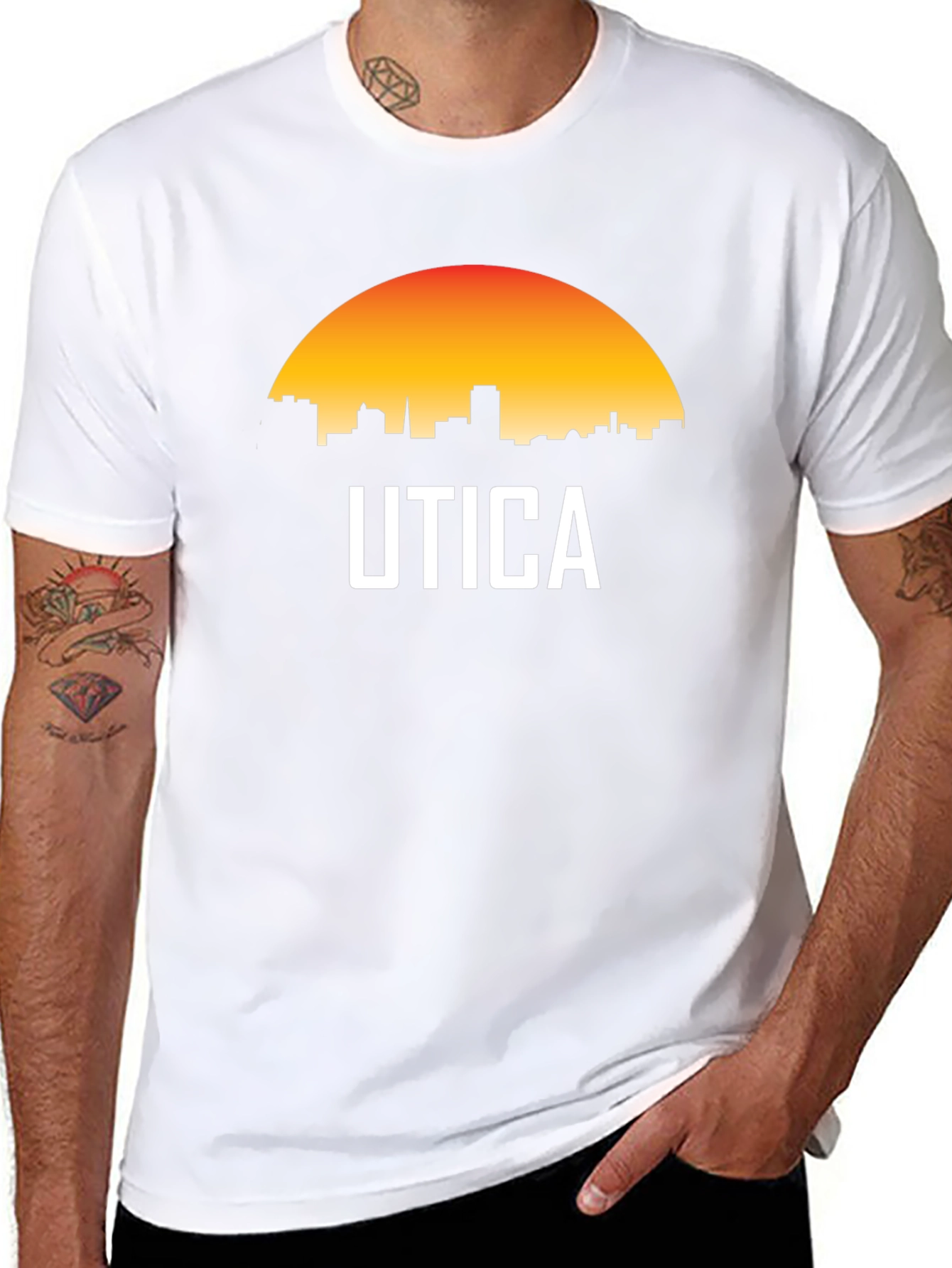 Utica Cityscape T-Shirt - Retro Sunset Design