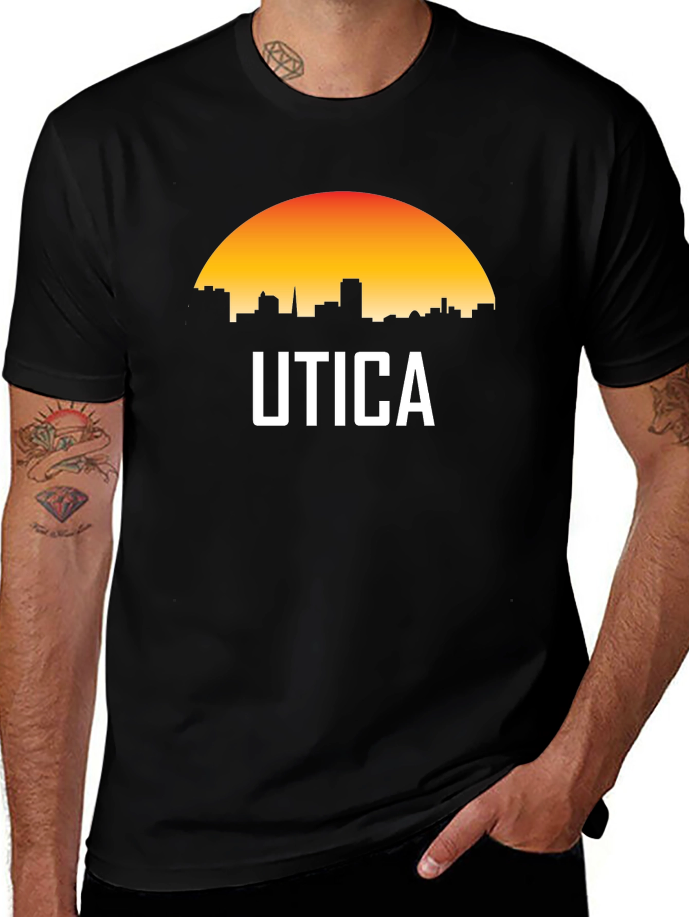 Utica Cityscape T-Shirt - Retro Sunset Design