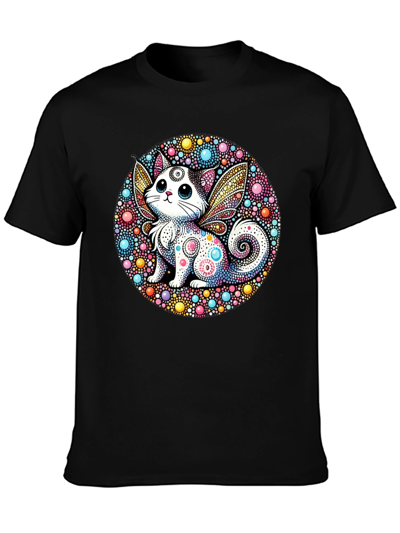 Whimsical Cat Fairy Black T-Shirt