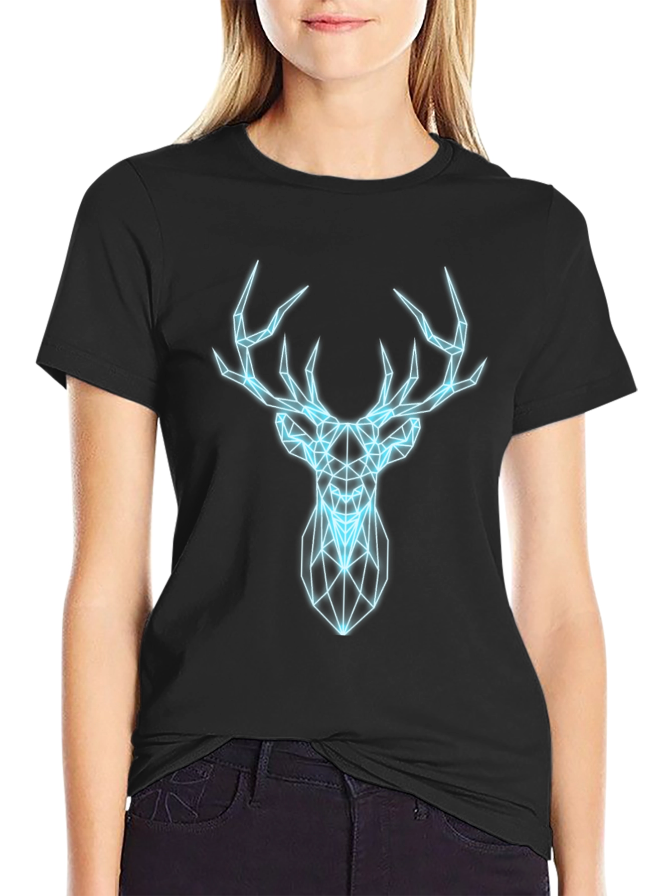 Geometric Deer Graphic Print Black T-Shirt