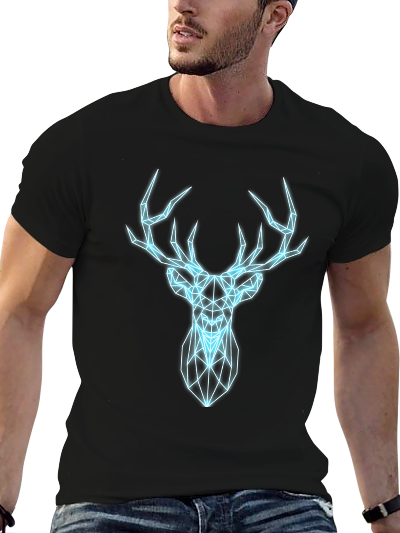 Geometric Deer Graphic Print Black T-Shirt