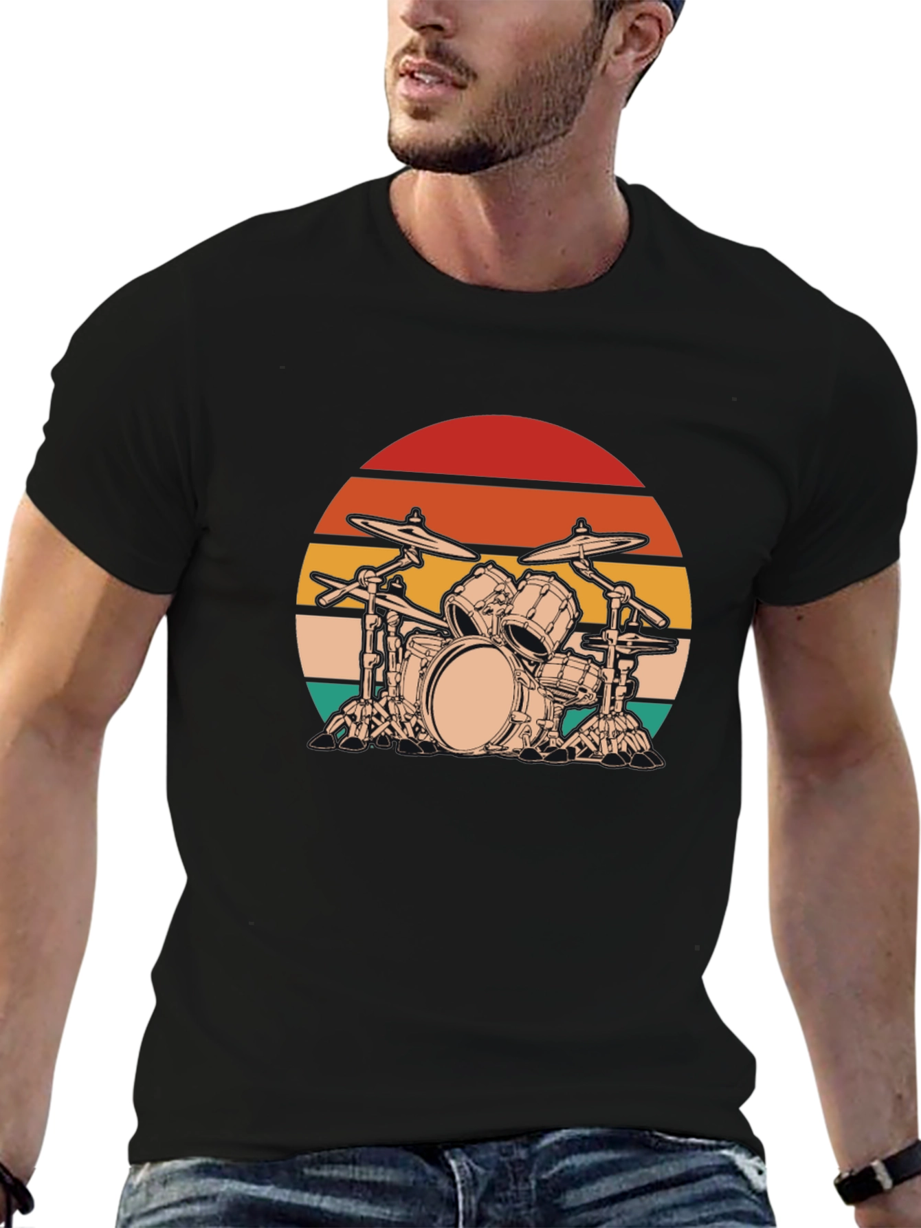 Retro Drum Set Graphic Tee - Black Cotton Blend