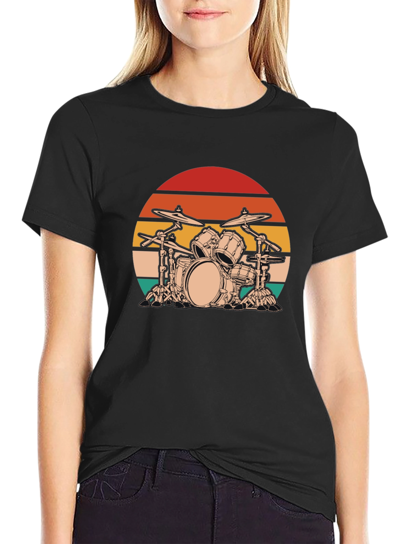 Retro Drum Set Graphic Tee - Black Cotton Blend