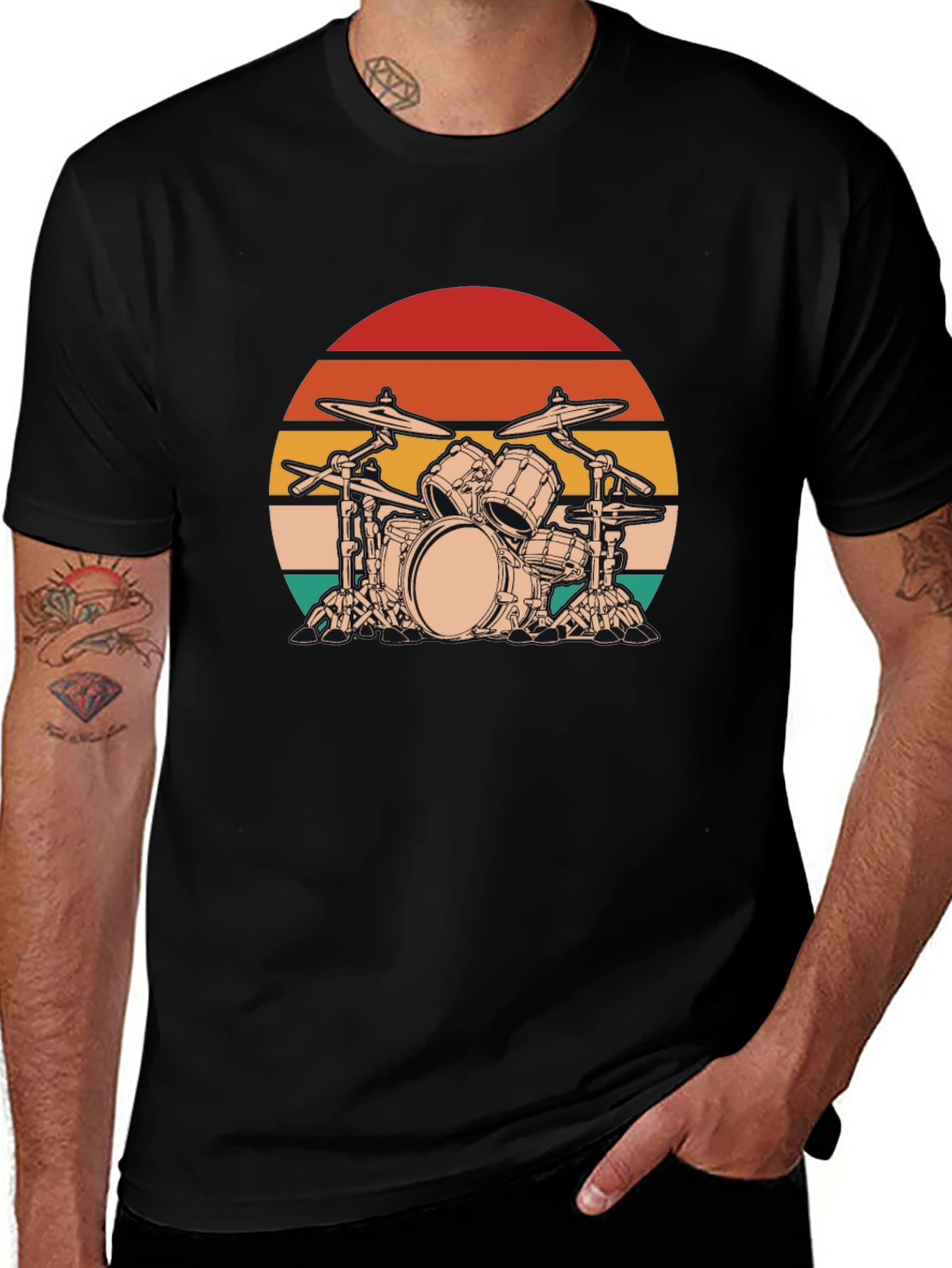 Retro Drum Set Graphic Tee - Black Cotton Blend