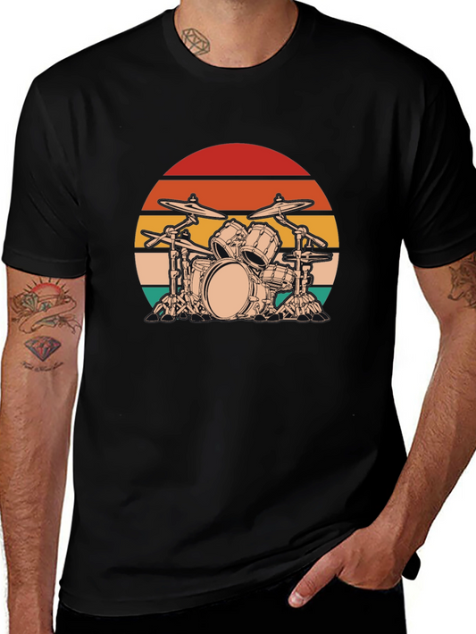 Retro Drum Set Graphic Tee - Black Cotton Blend