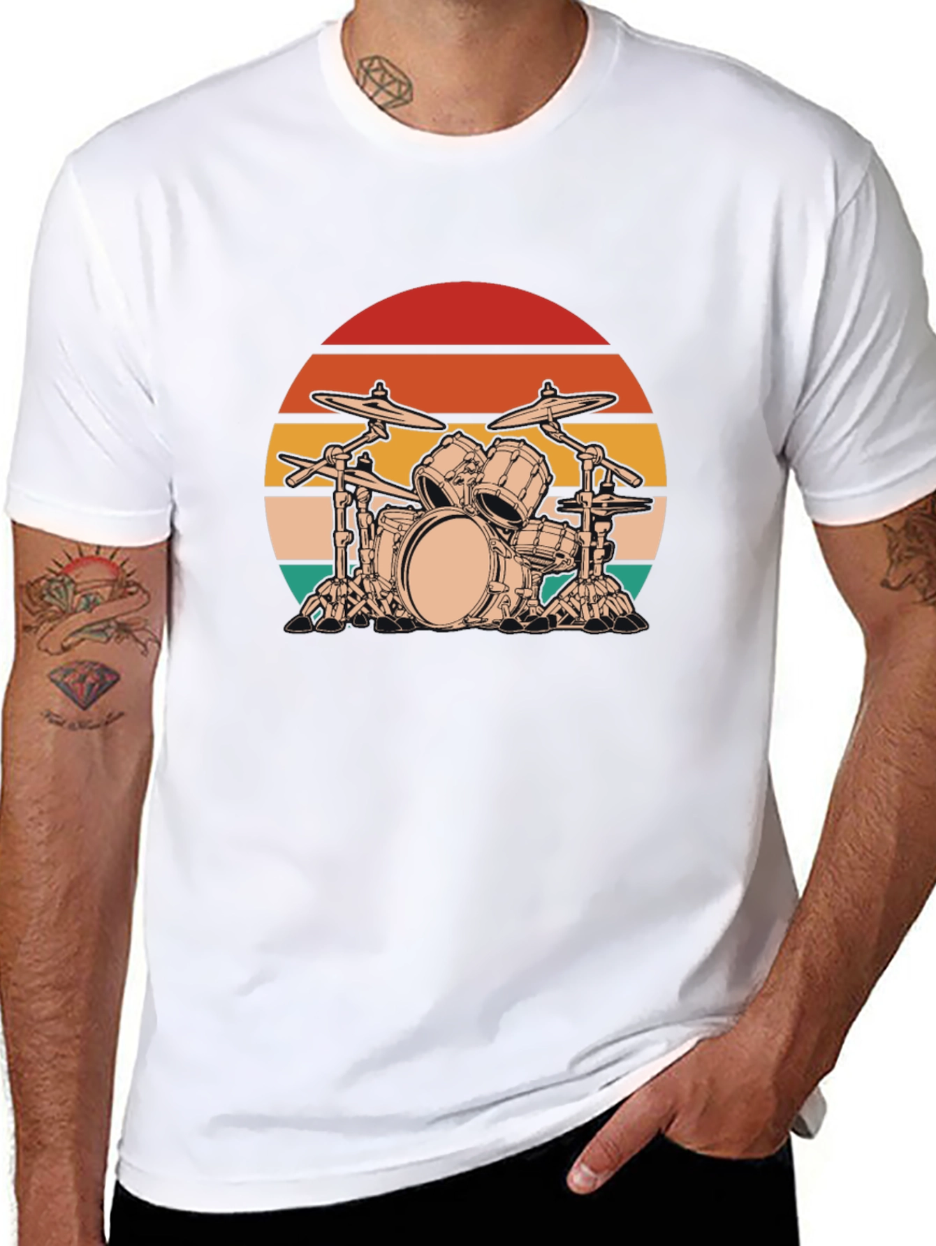 Retro Drum Set Graphic Tee - Black Cotton Blend