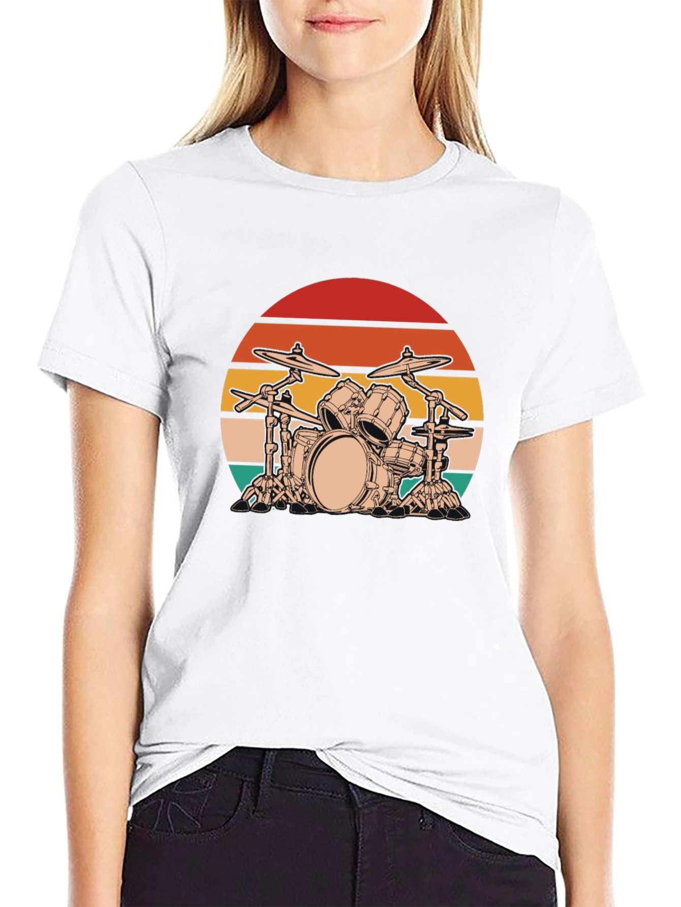 Retro Drum Set Graphic Tee - Black Cotton Blend