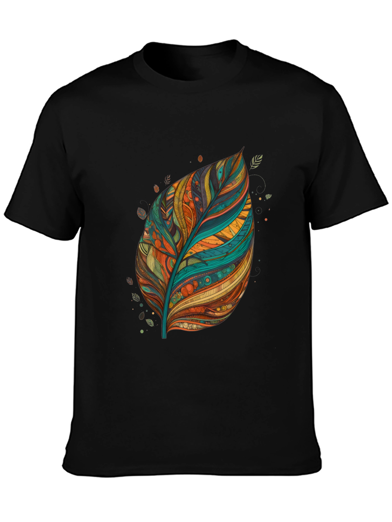 Artistic Feather Print Black T-Shirt