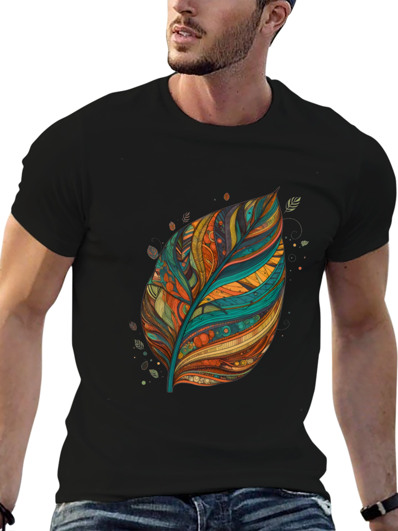 Artistic Feather Print Black T-Shirt