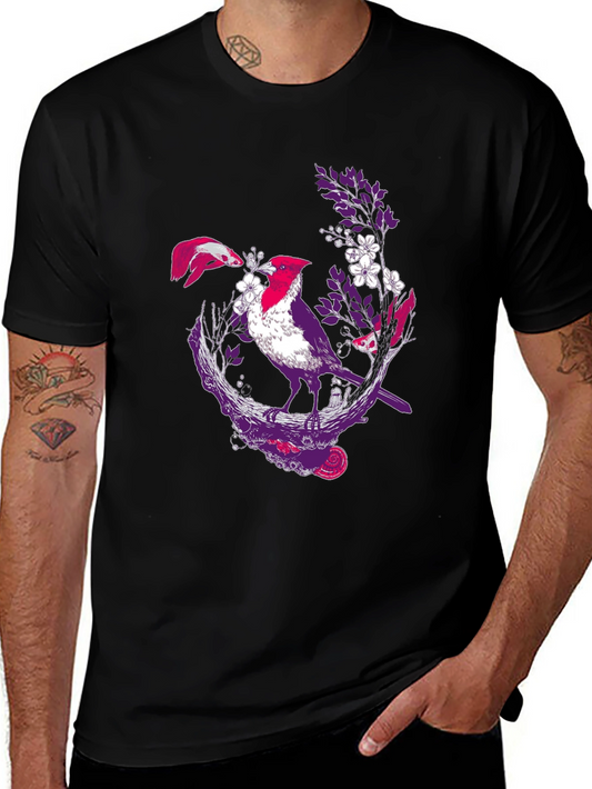 Bird & Fish Graphic Print Black Tee