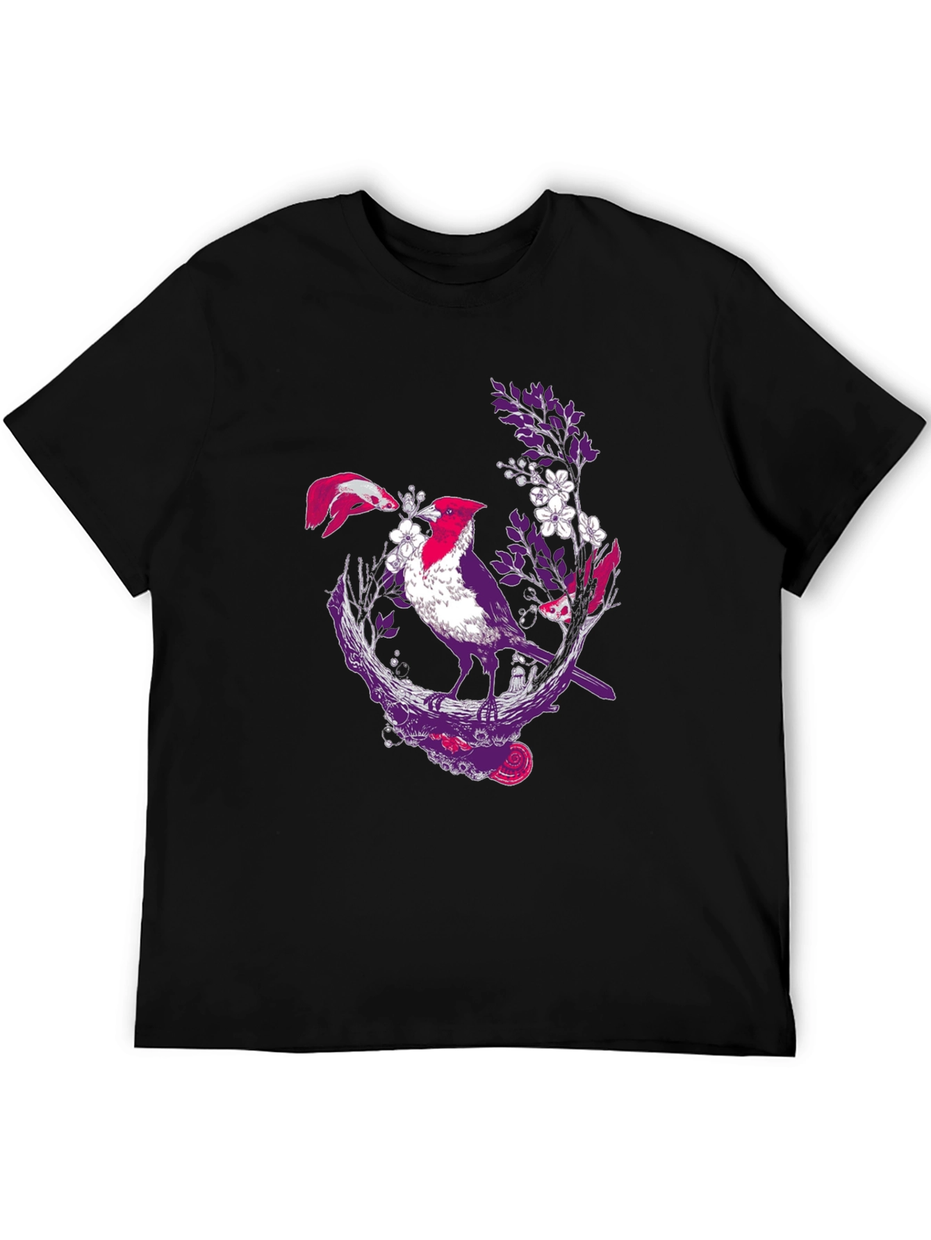 Bird & Fish Graphic Print Black Tee