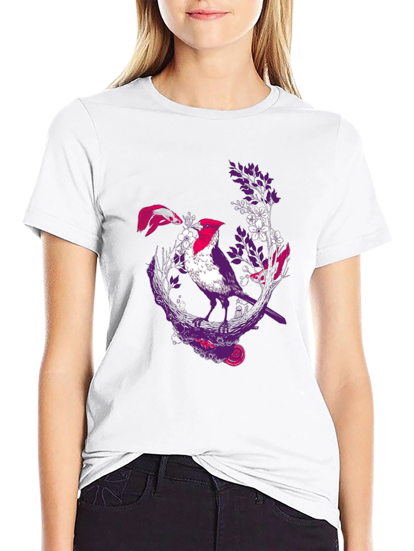 Bird & Fish Graphic Print Black Tee