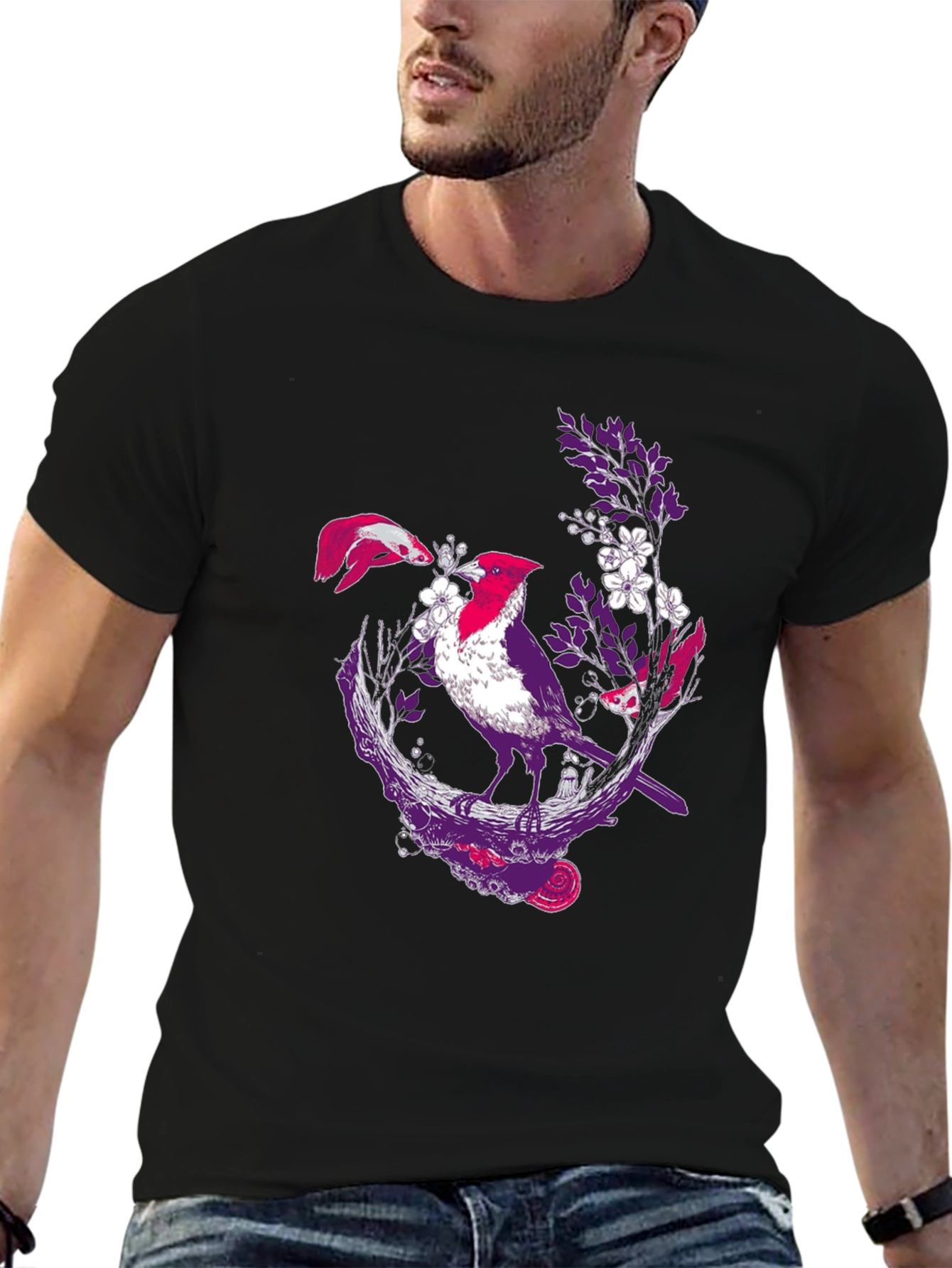 Bird & Fish Graphic Print Black Tee
