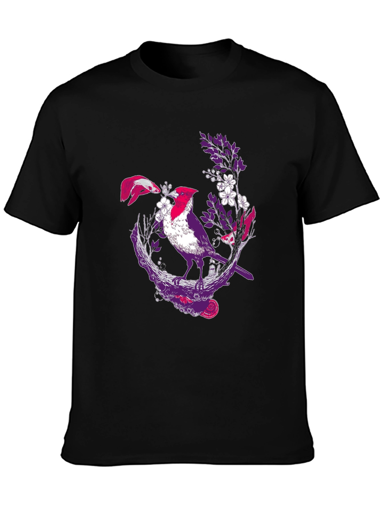 Bird & Fish Graphic Print Black Tee