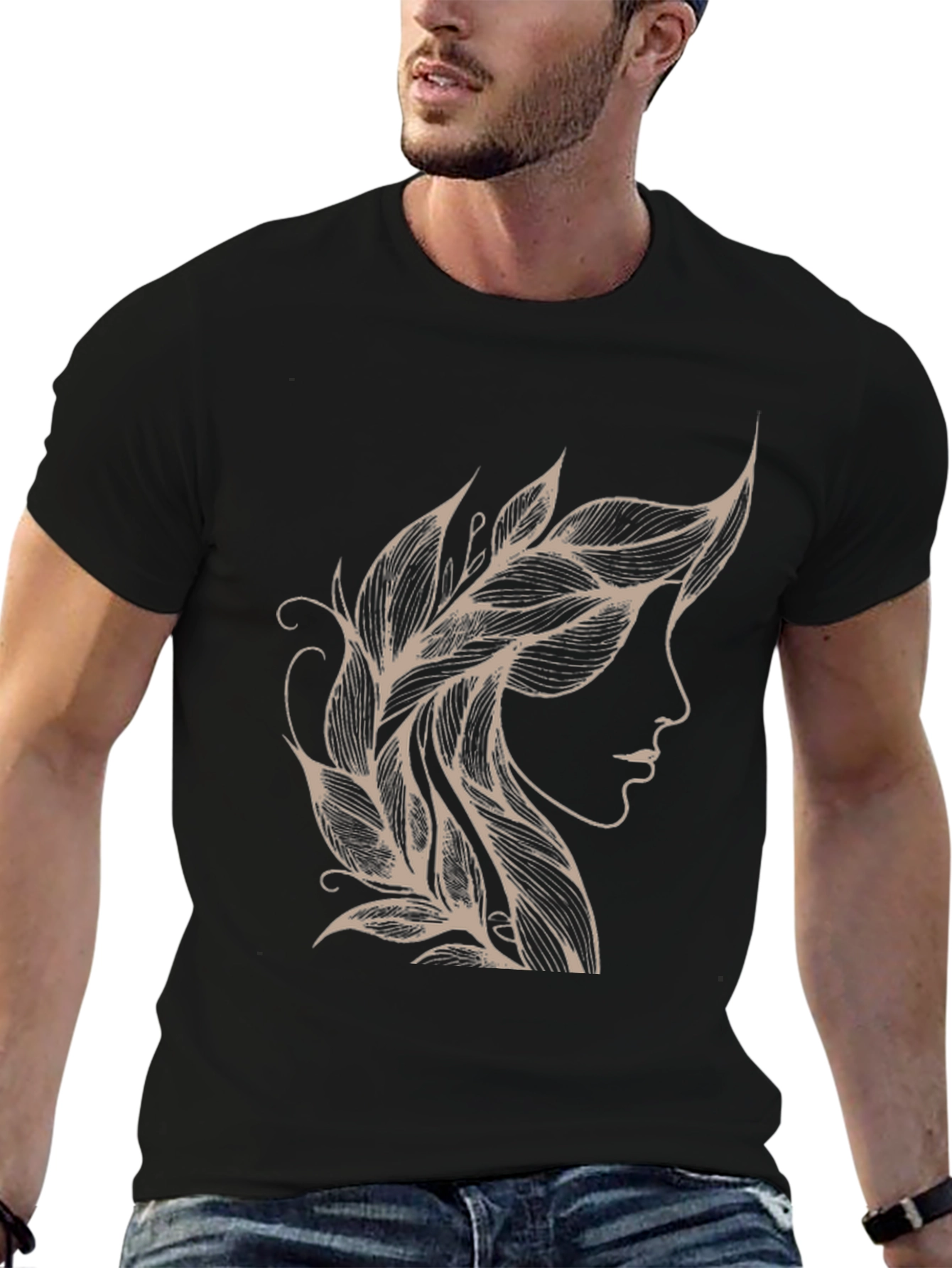 Leaf Hairline Graphic Tee - Stylish Black T-Shirt