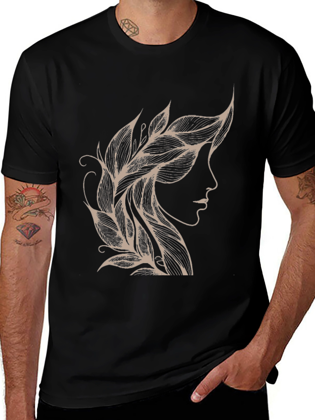 Leaf Hairline Graphic Tee - Stylish Black T-Shirt