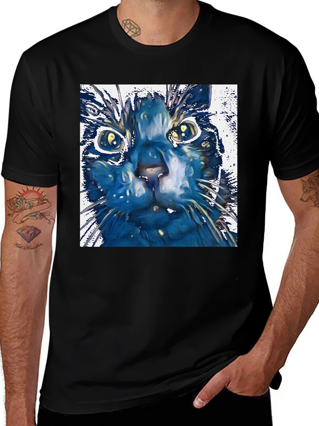 Abstract Cat Art Print Black T-Shirt