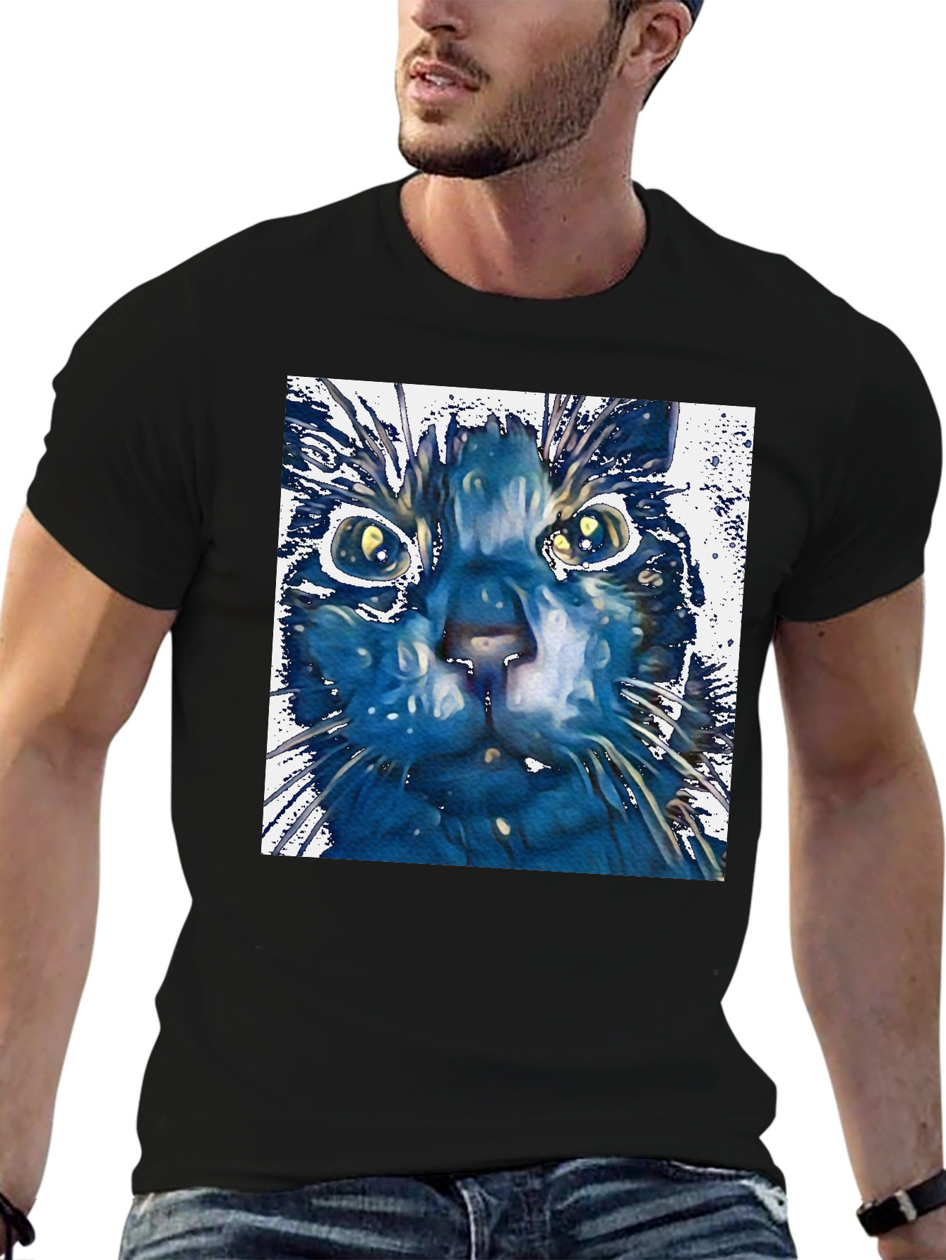 Abstract Cat Art Print Black T-Shirt