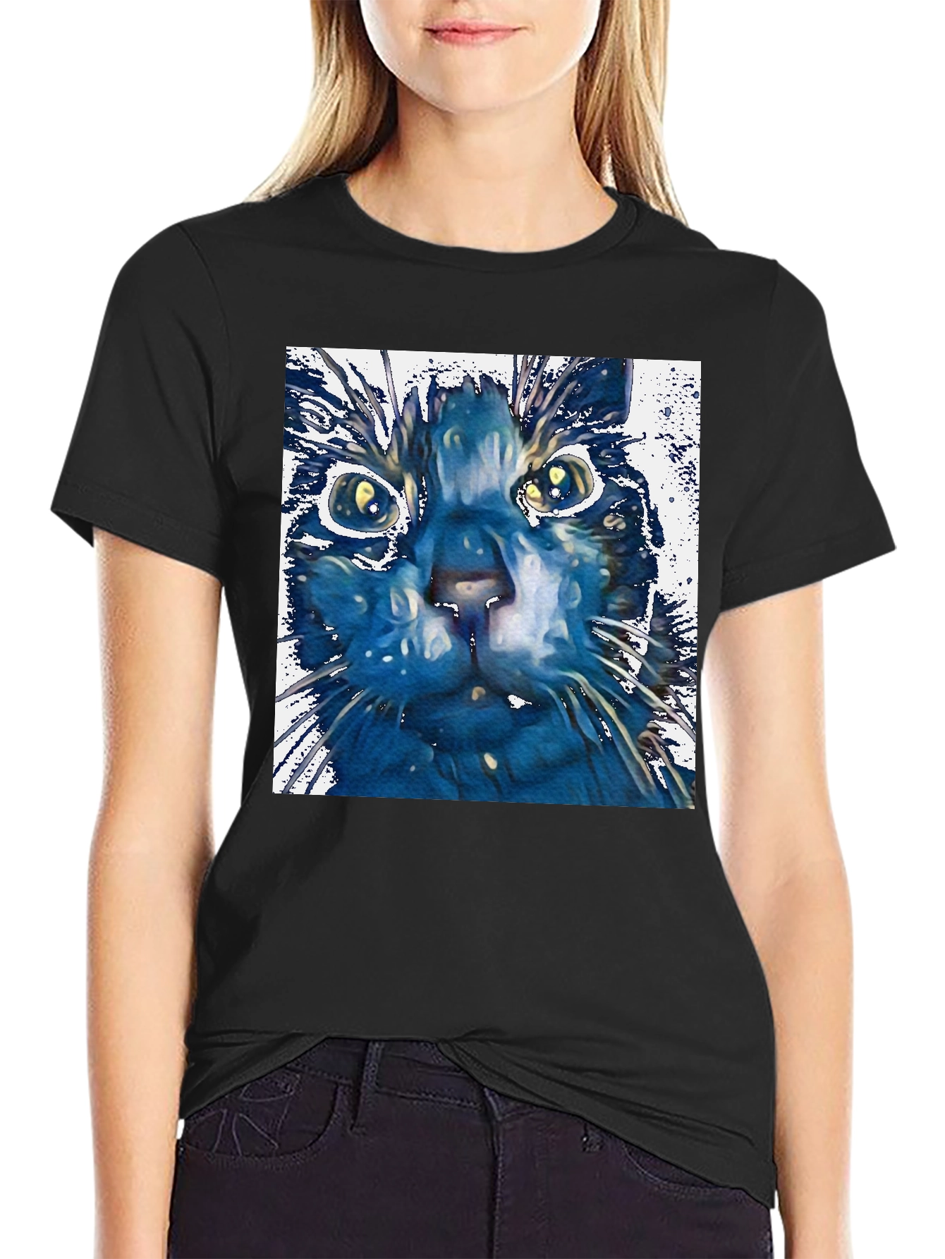 Abstract Cat Art Print Black T-Shirt