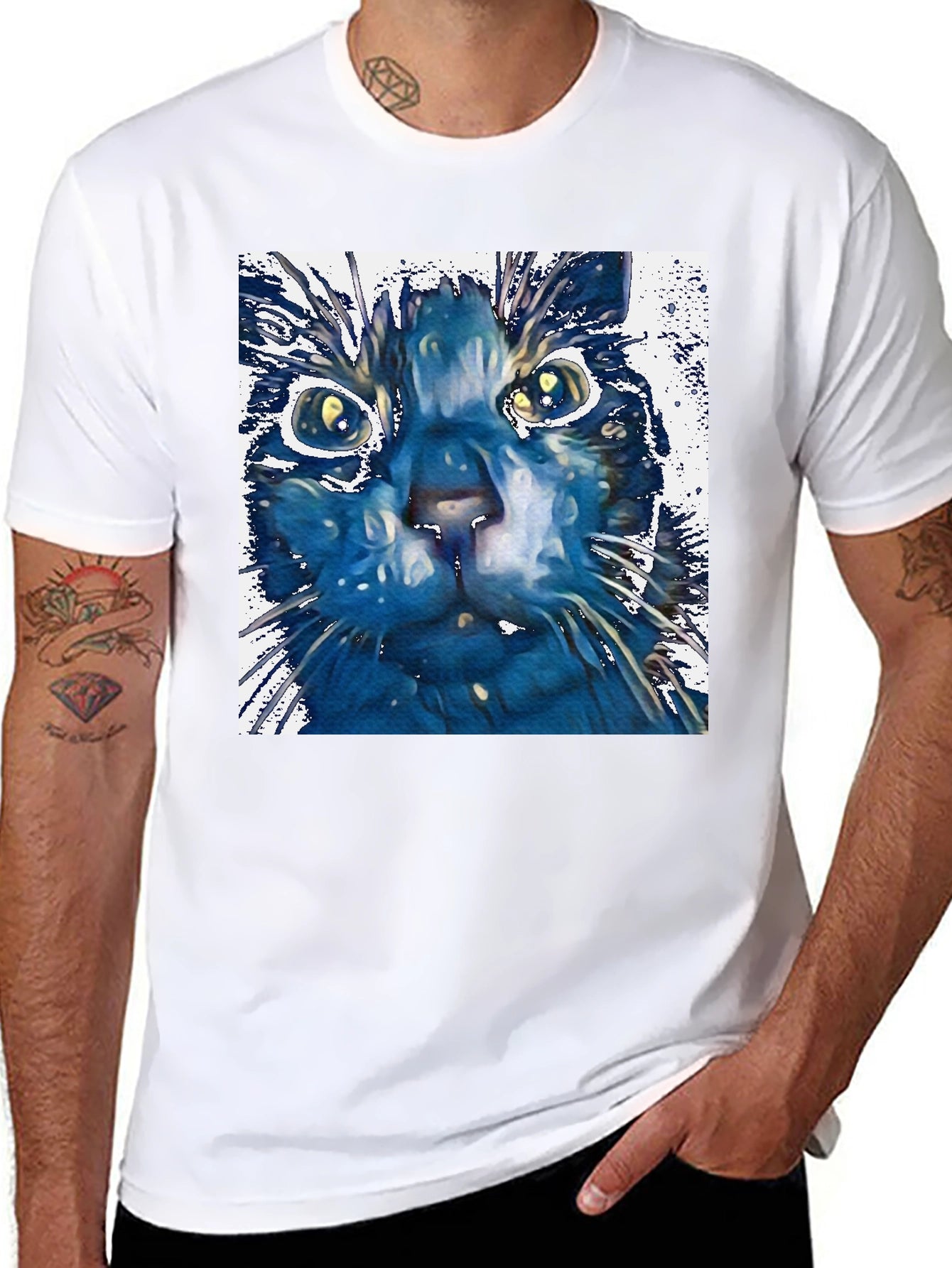 Abstract Cat Art Print Black T-Shirt