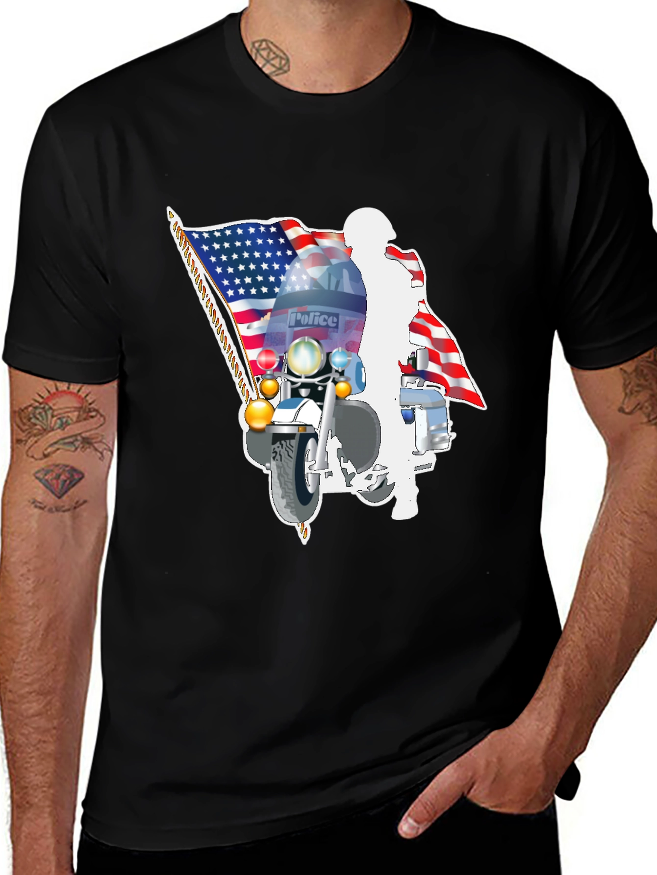 Police Motorcycle American Flag Graphic T-Shirt