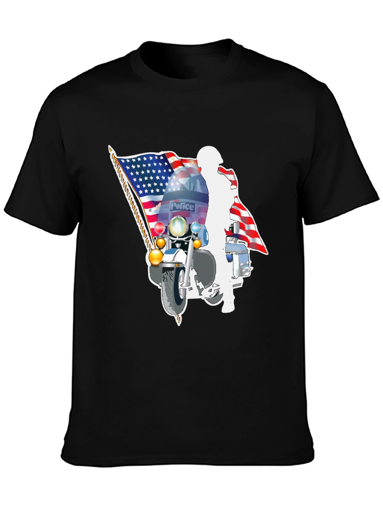 Police Motorcycle American Flag Graphic T-Shirt
