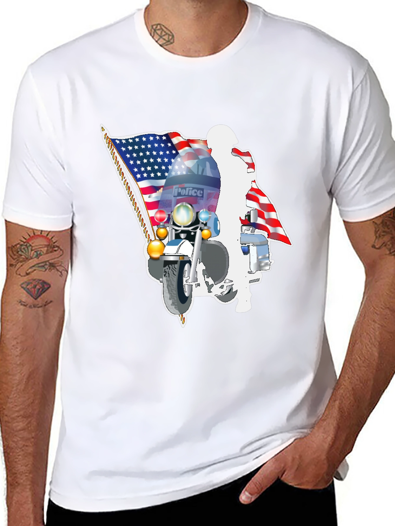 Police Motorcycle American Flag Graphic T-Shirt