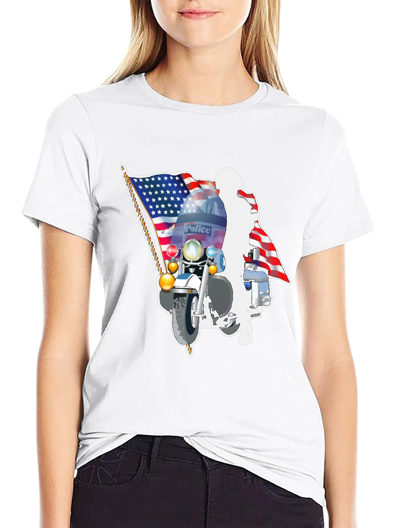 Police Motorcycle American Flag Graphic T-Shirt