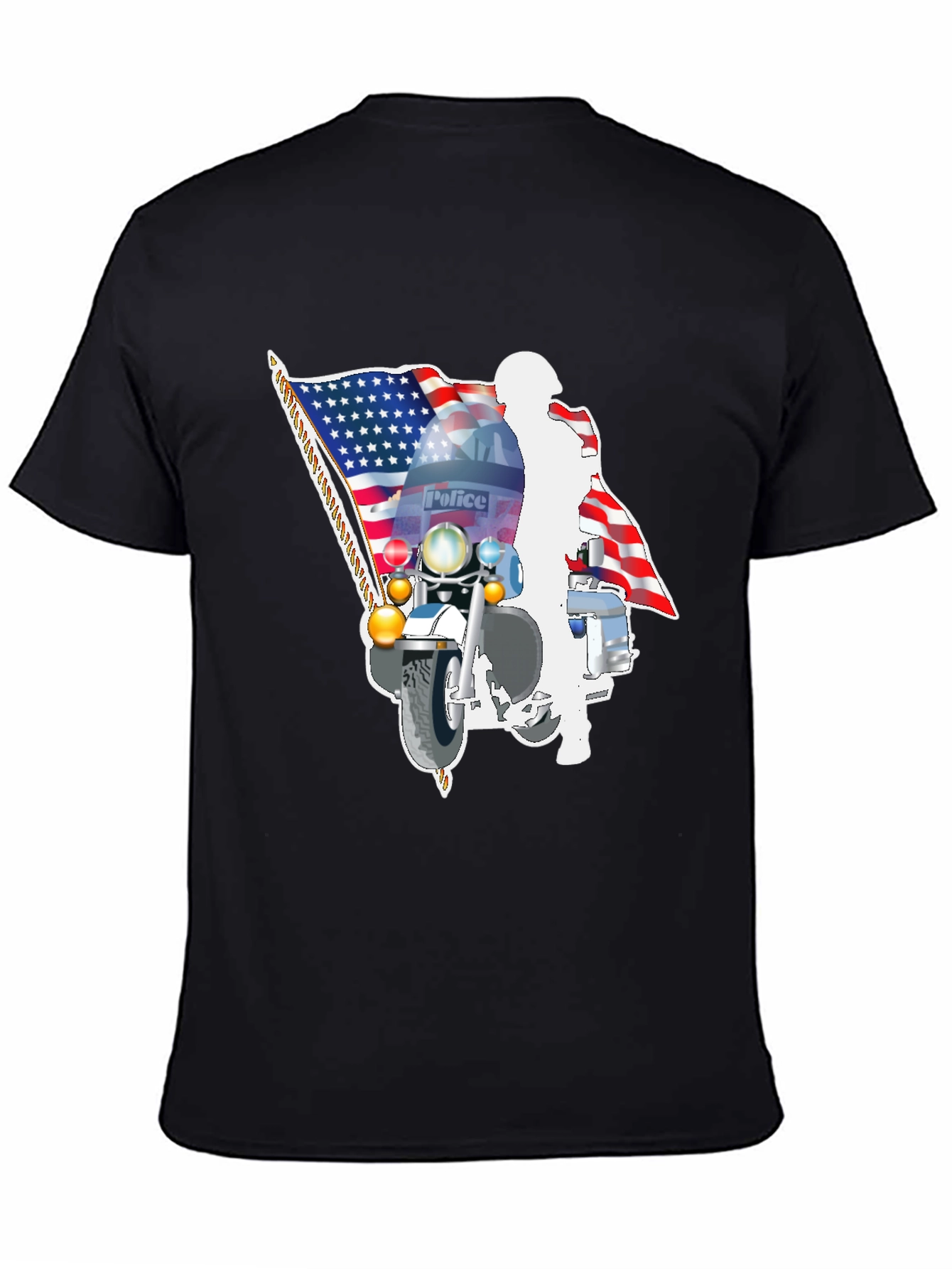 Police Motorcycle American Flag Graphic T-Shirt