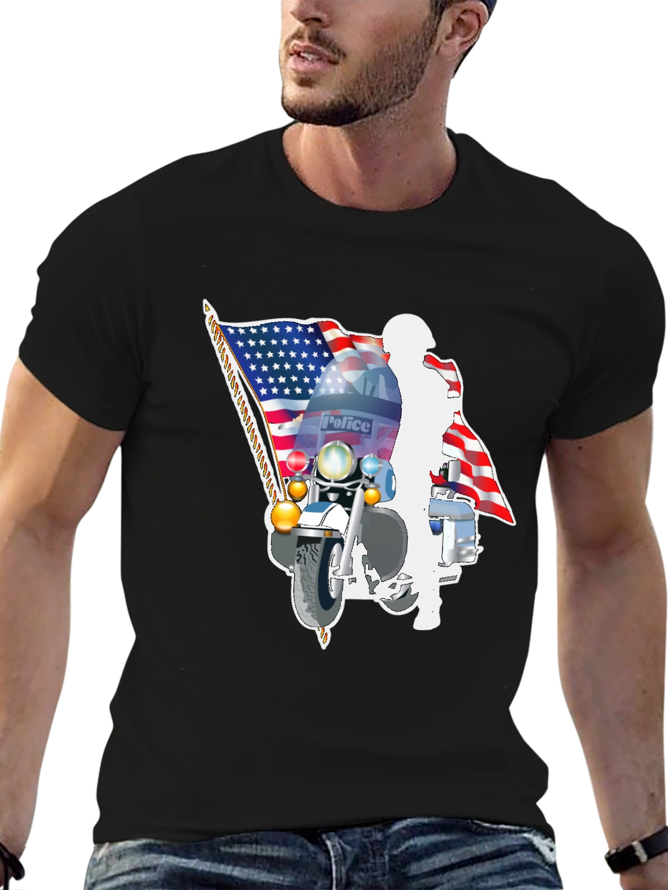 Police Motorcycle American Flag Graphic T-Shirt