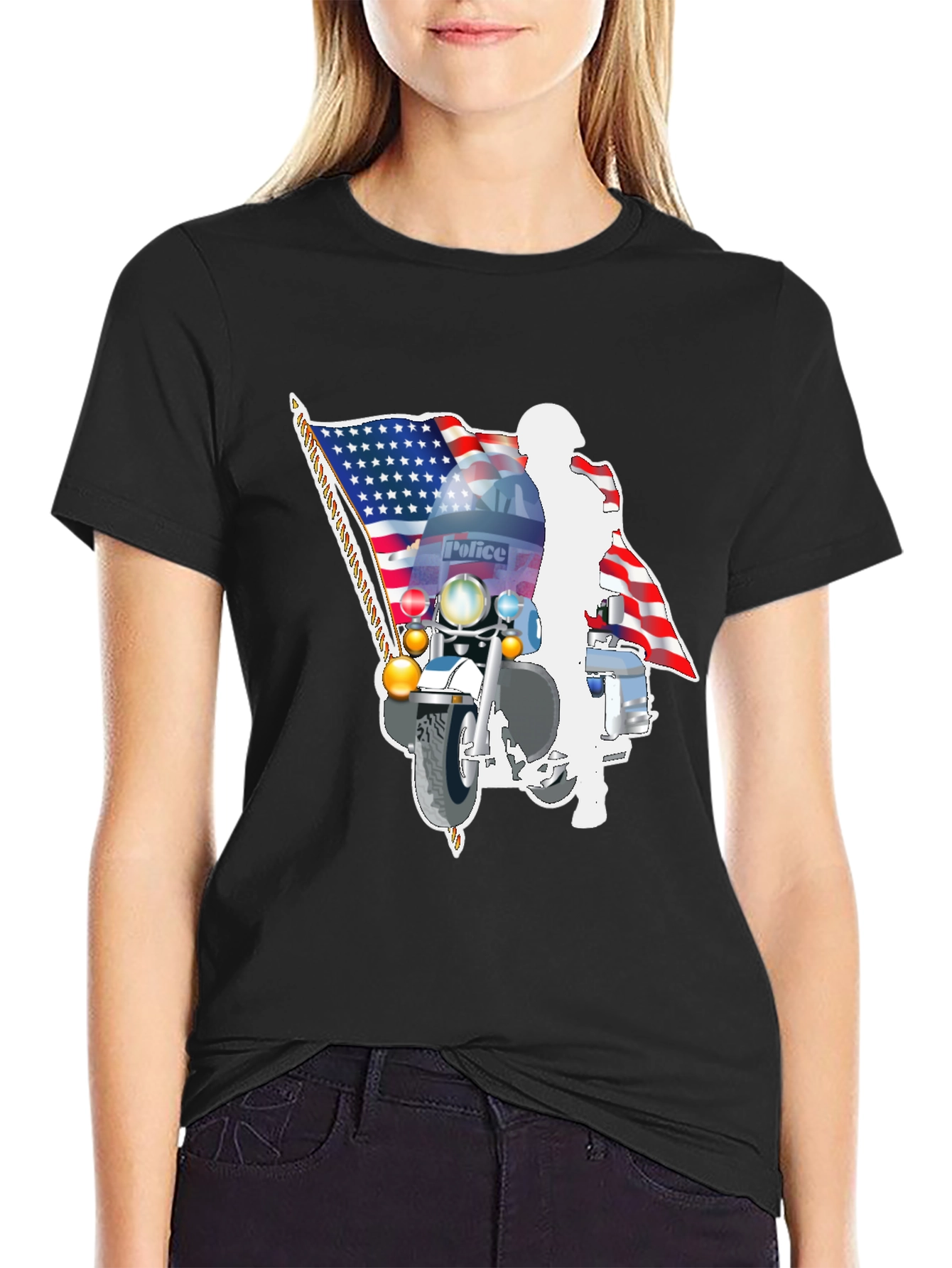 Police Motorcycle American Flag Graphic T-Shirt