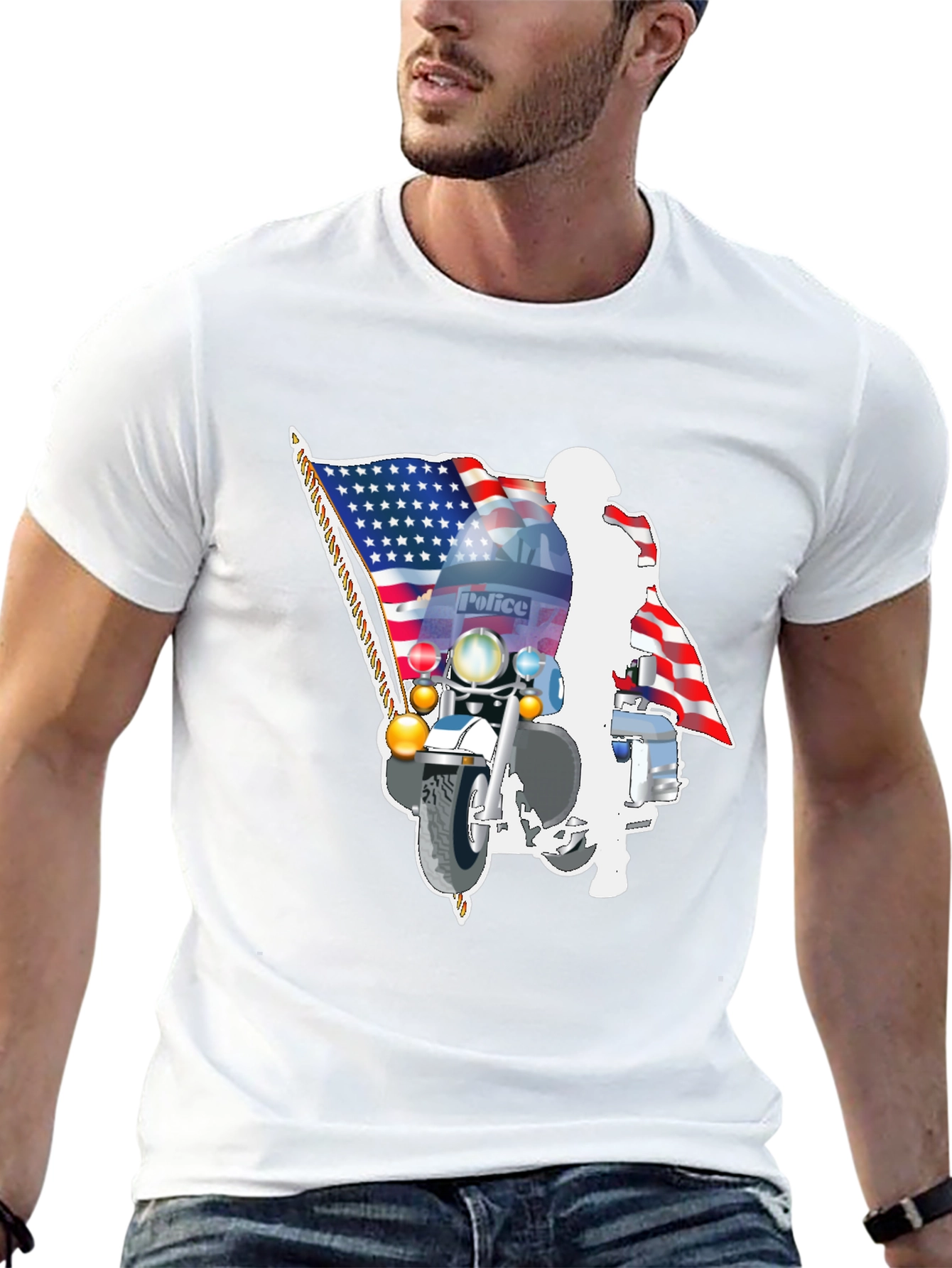 Police Motorcycle American Flag Graphic T-Shirt