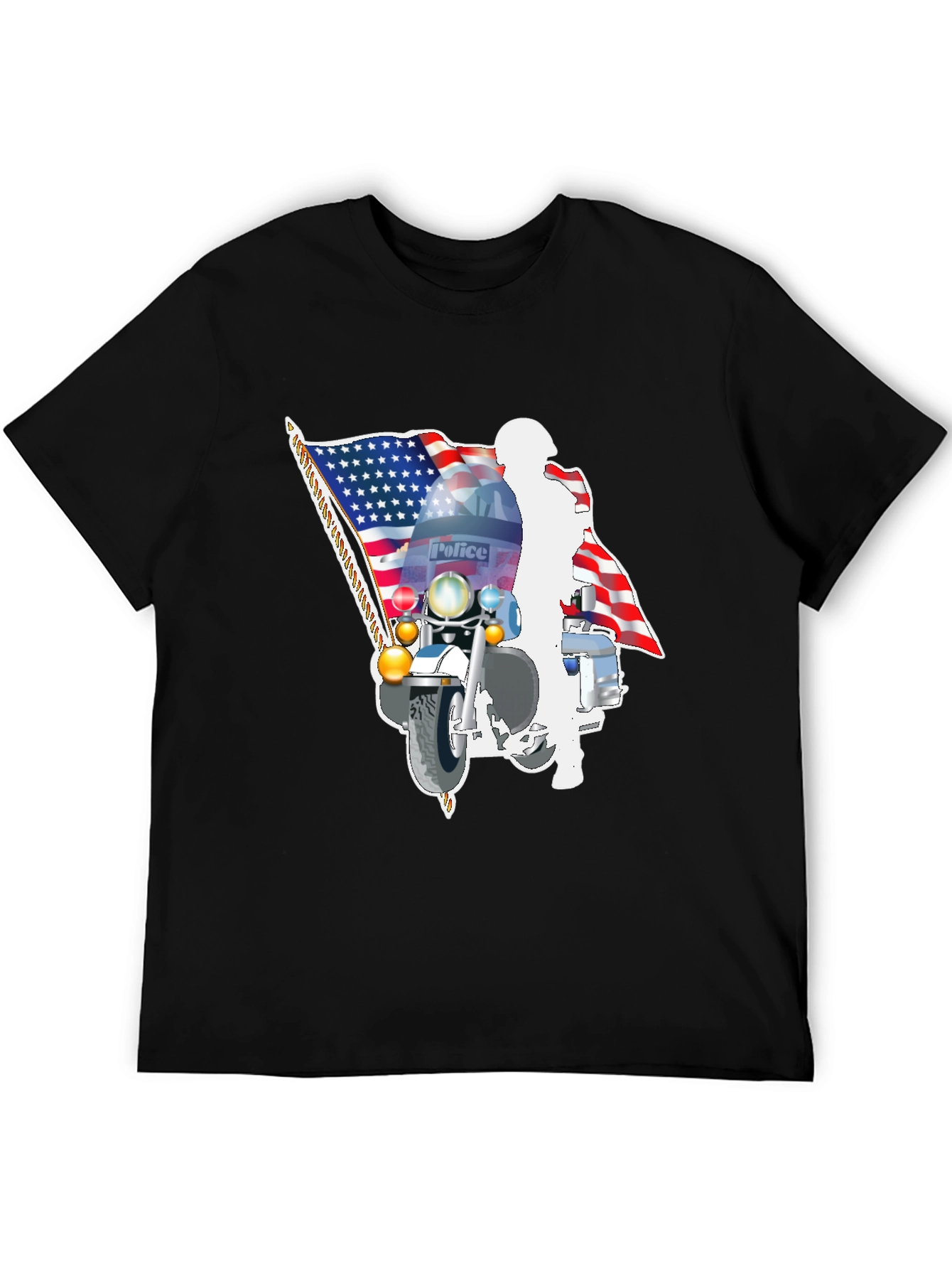Police Motorcycle American Flag Graphic T-Shirt