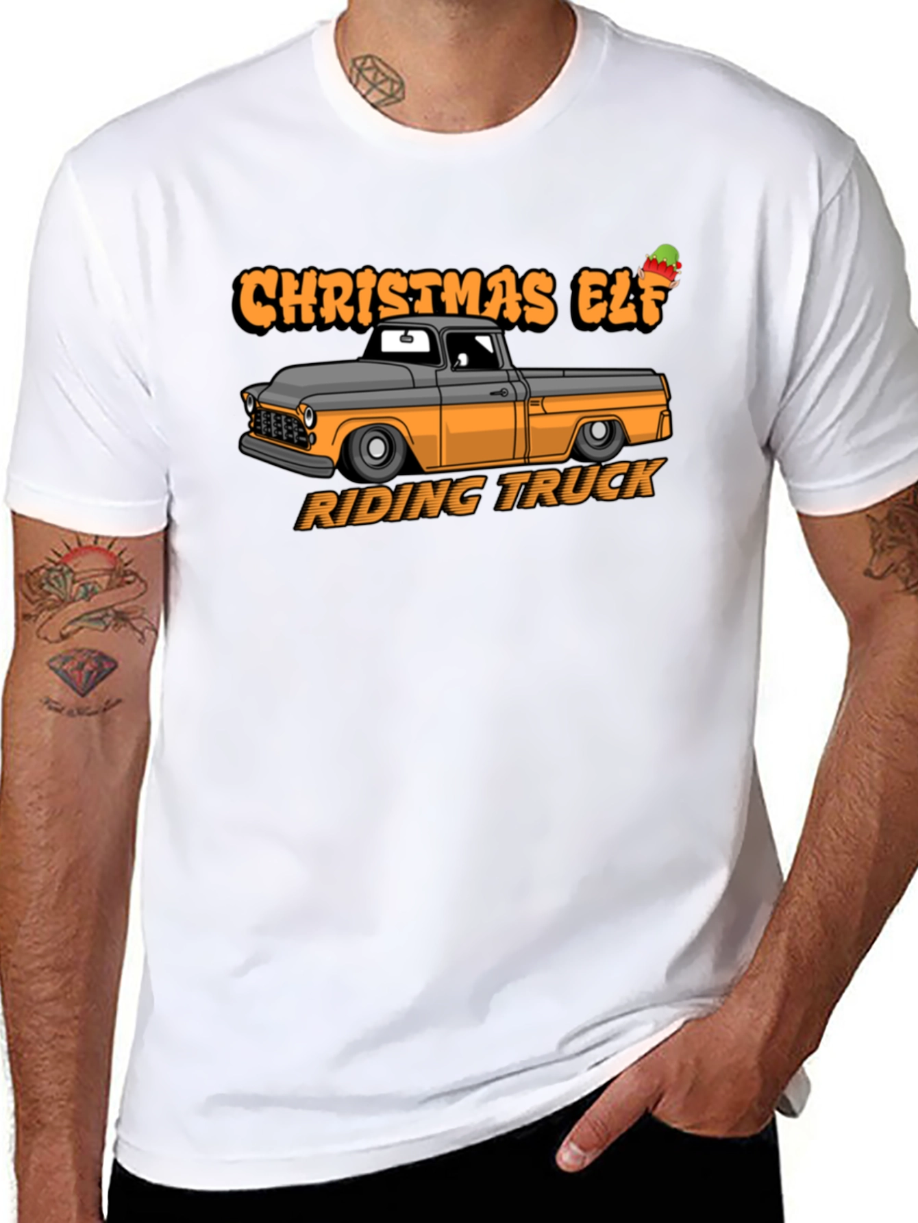 Christmas Elf Riding Truck Graphic T-Shirt