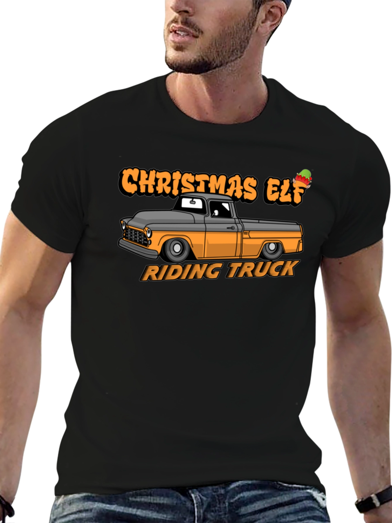 Christmas Elf Riding Truck Graphic T-Shirt