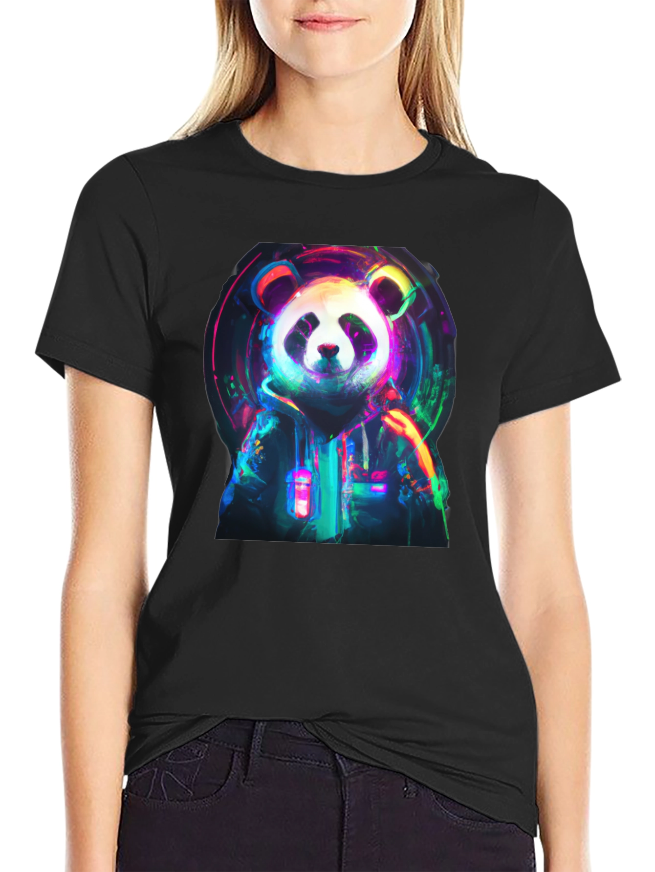 Neon Panda Graphic Black T-Shirt