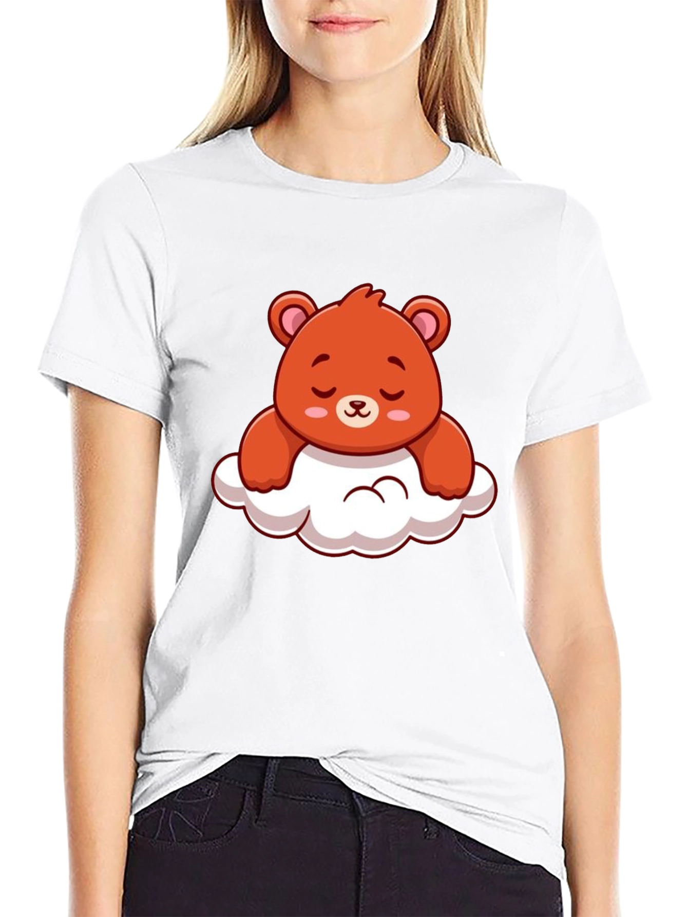 Cute Bear on Cloud Graphic Black T-Shirt