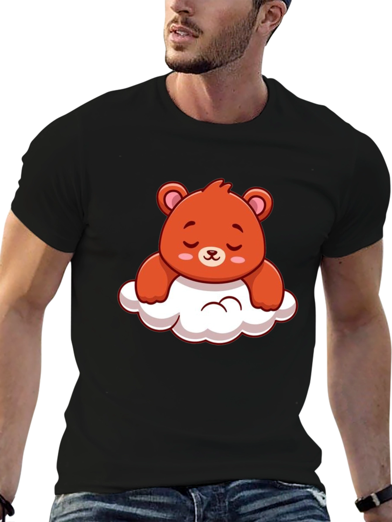 Cute Bear on Cloud Graphic Black T-Shirt