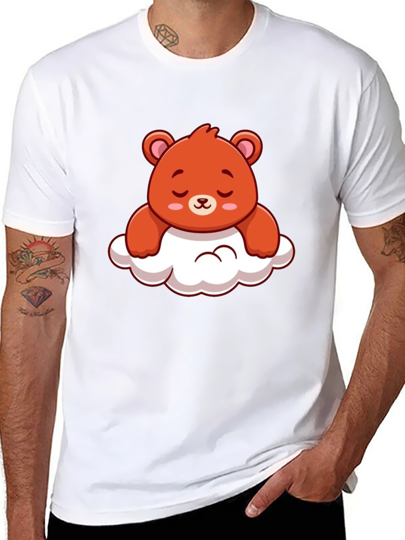 Cute Bear on Cloud Graphic Black T-Shirt