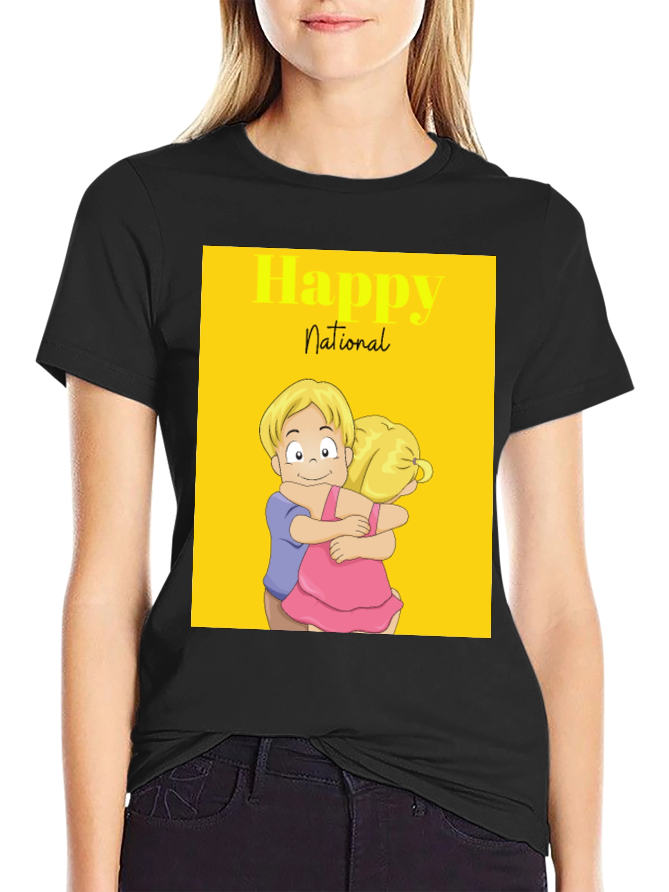 Happy National Day Cartoon Couple Black Tee