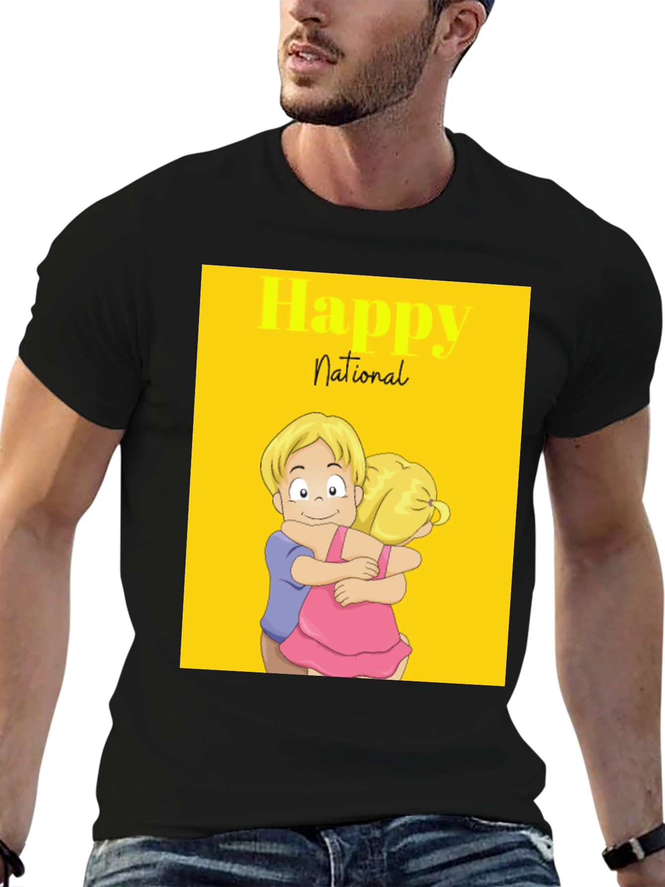 Happy National Day Cartoon Couple Black Tee
