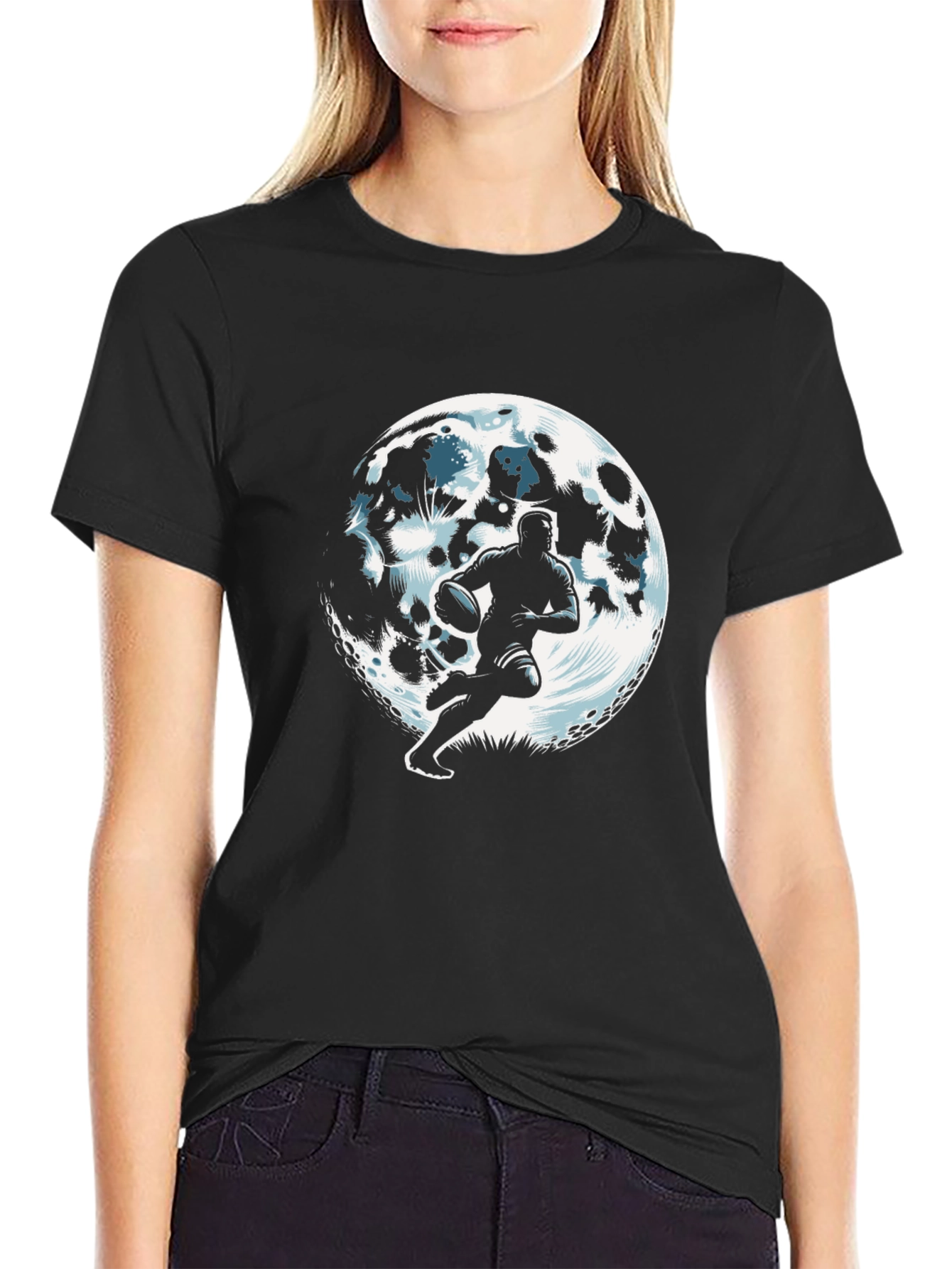 Rugby Player Moon Graphic Black T-Shirt
