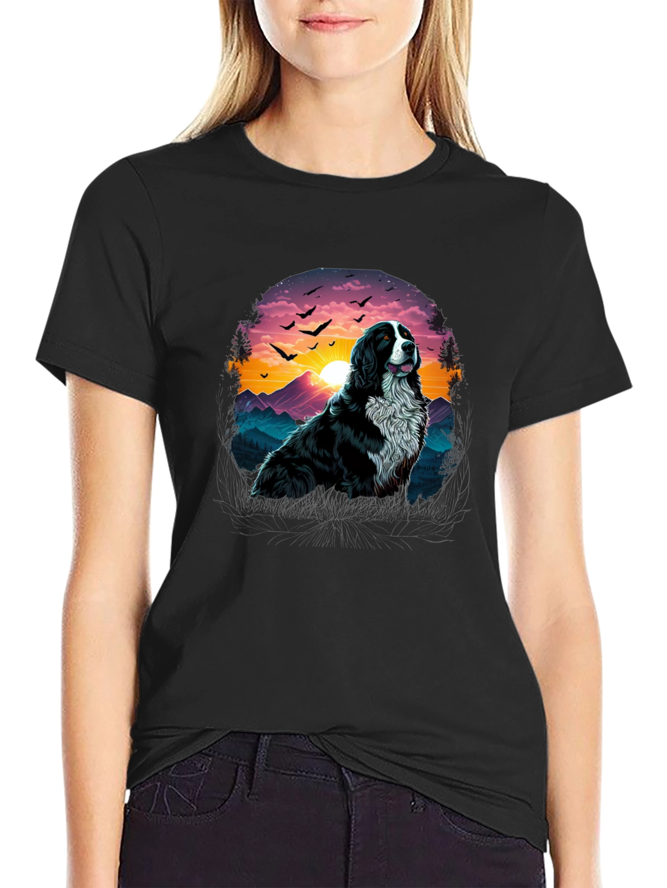 Dog & Sunset Graphic Black T-Shirt