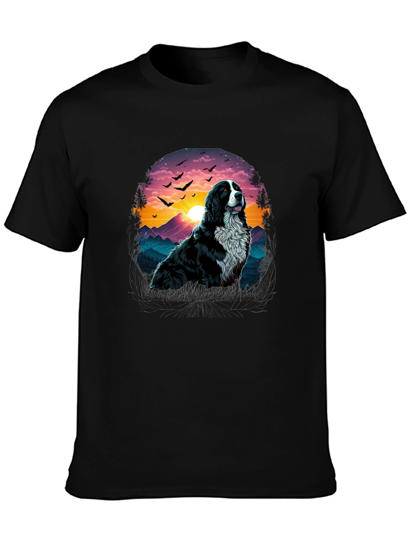 Dog & Sunset Graphic Black T-Shirt