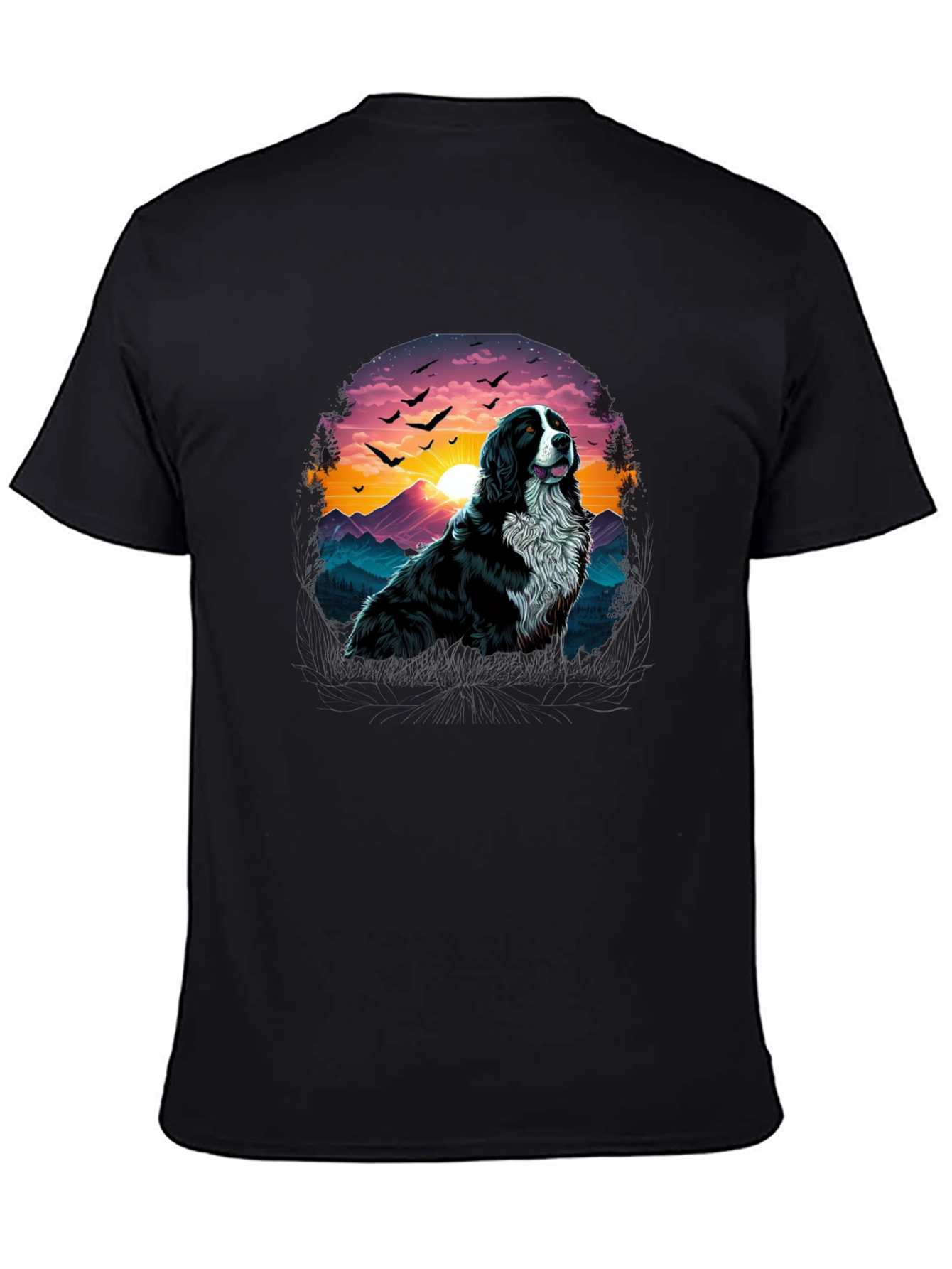 Dog & Sunset Graphic Black T-Shirt